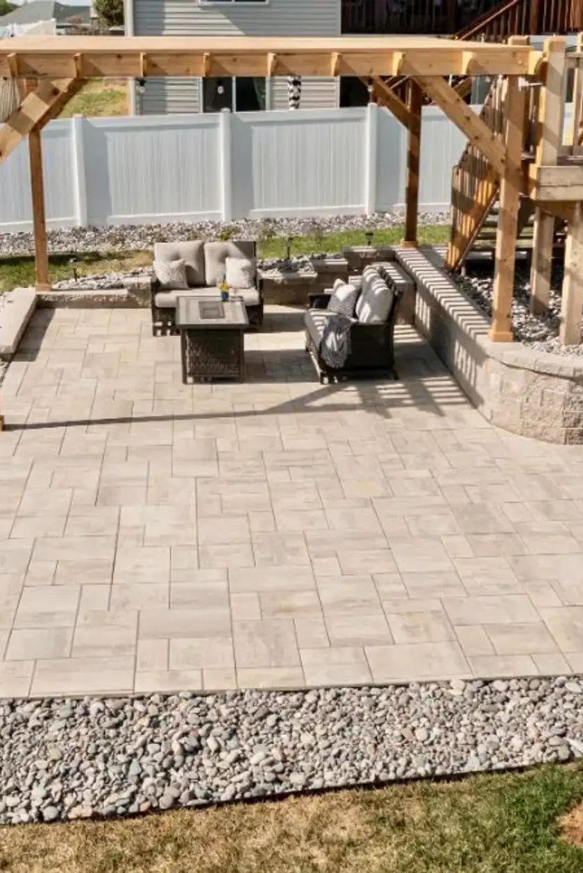 Custom patio and walkway installation by Serene Landscaping in Edmonton.