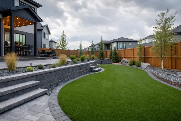 Artificial turf Edmonton yard beside professional hardscaping