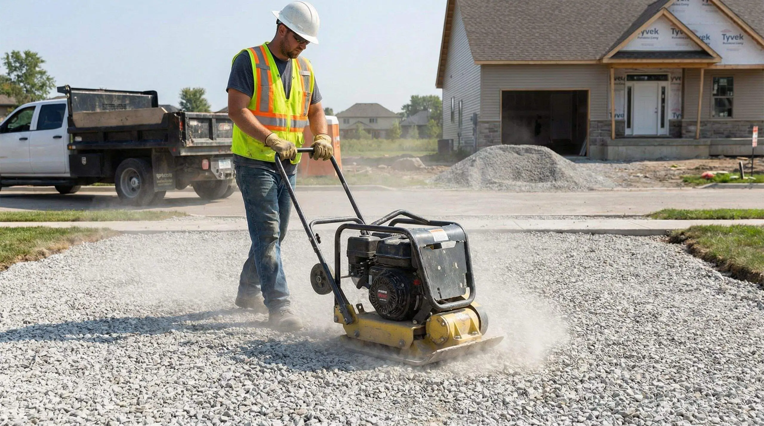 Compacting gravel base for paving stone installation in Edmonton.