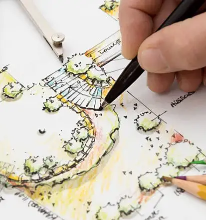 Hand-drawn 2D landscape design plans for a residential property.