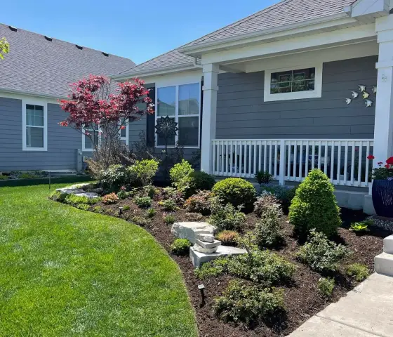Front yard landscape design in Edmonton featuring a mulched flower bed and red tree.