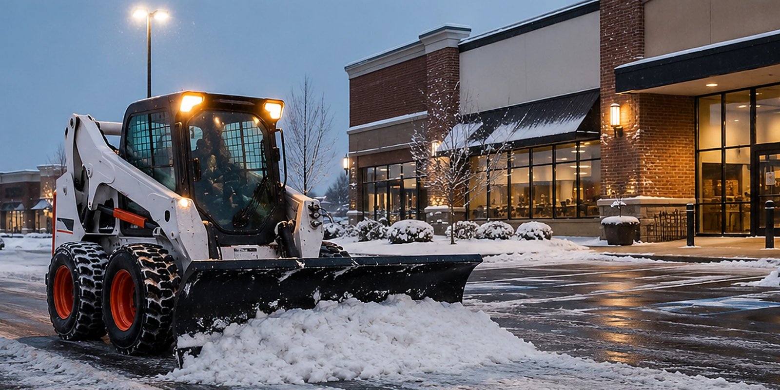 Commercial snow removal crew clearing an Edmonton business parking lot
