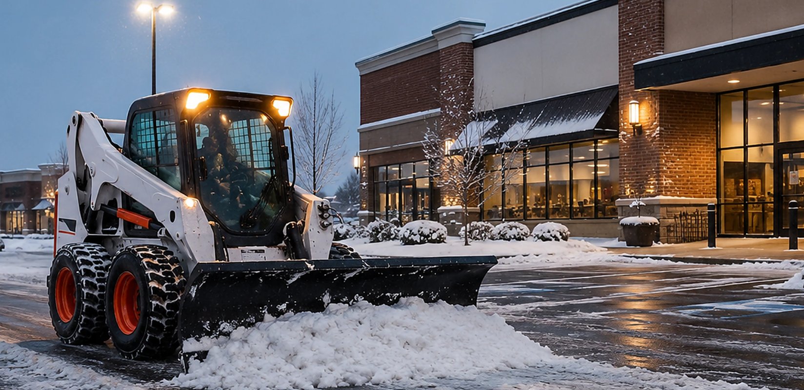 Commercial snow removal crew clearing an Edmonton business parking lot