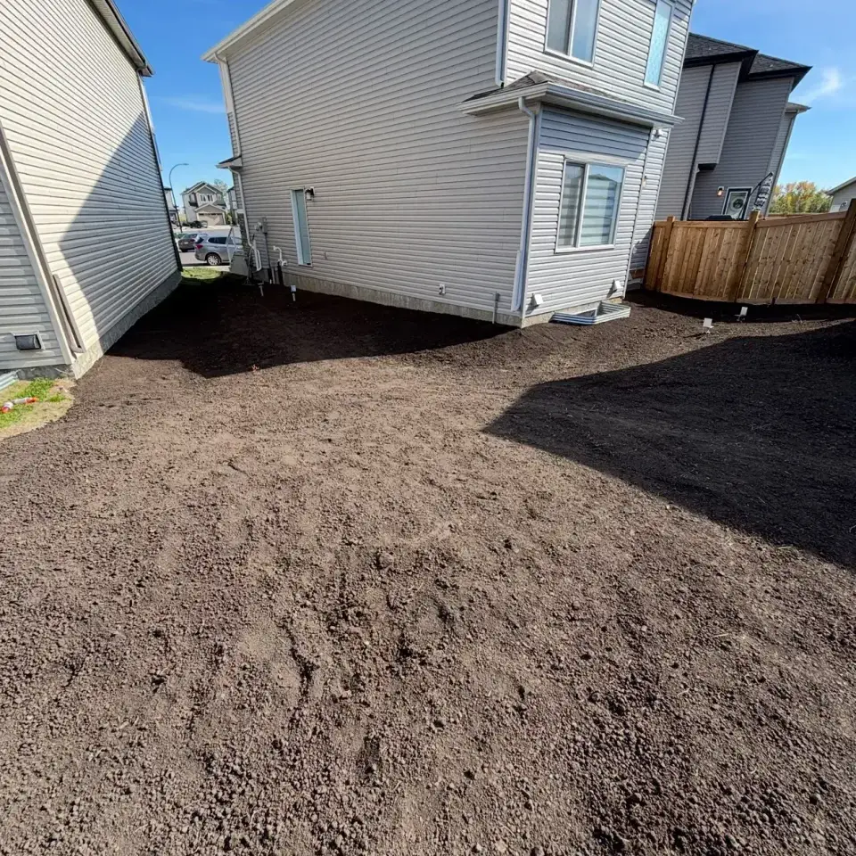 Final grading and topsoil leveling completed for a residential landscaping project in St. Albert.