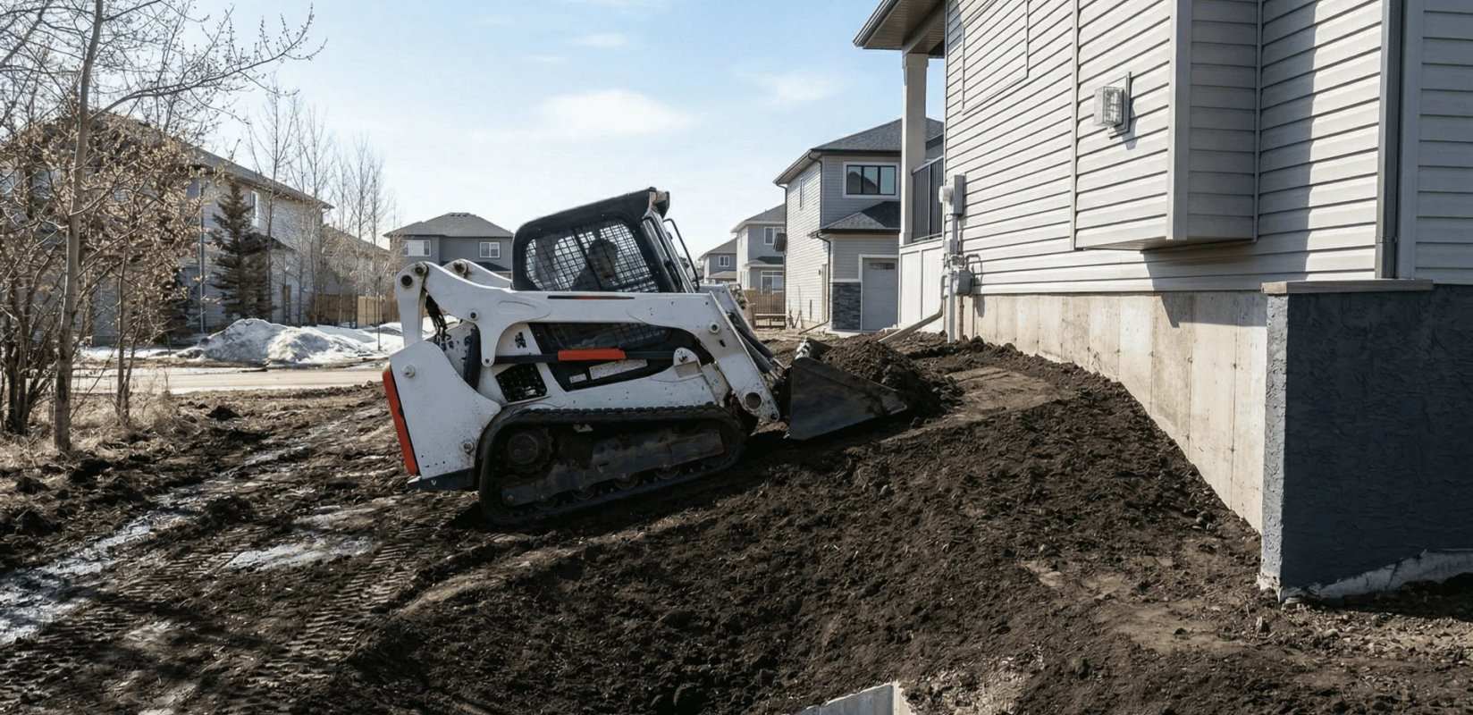 A white track skid-steer loader performs final grading and topsoil spreading in the side yard of a modern residential home during early spring in Edmonton.