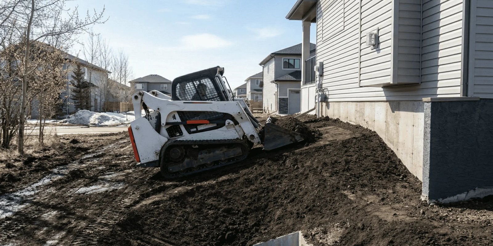 A white track skid-steer loader performs final grading and topsoil spreading in the side yard of a modern residential home during early spring in Edmonton.