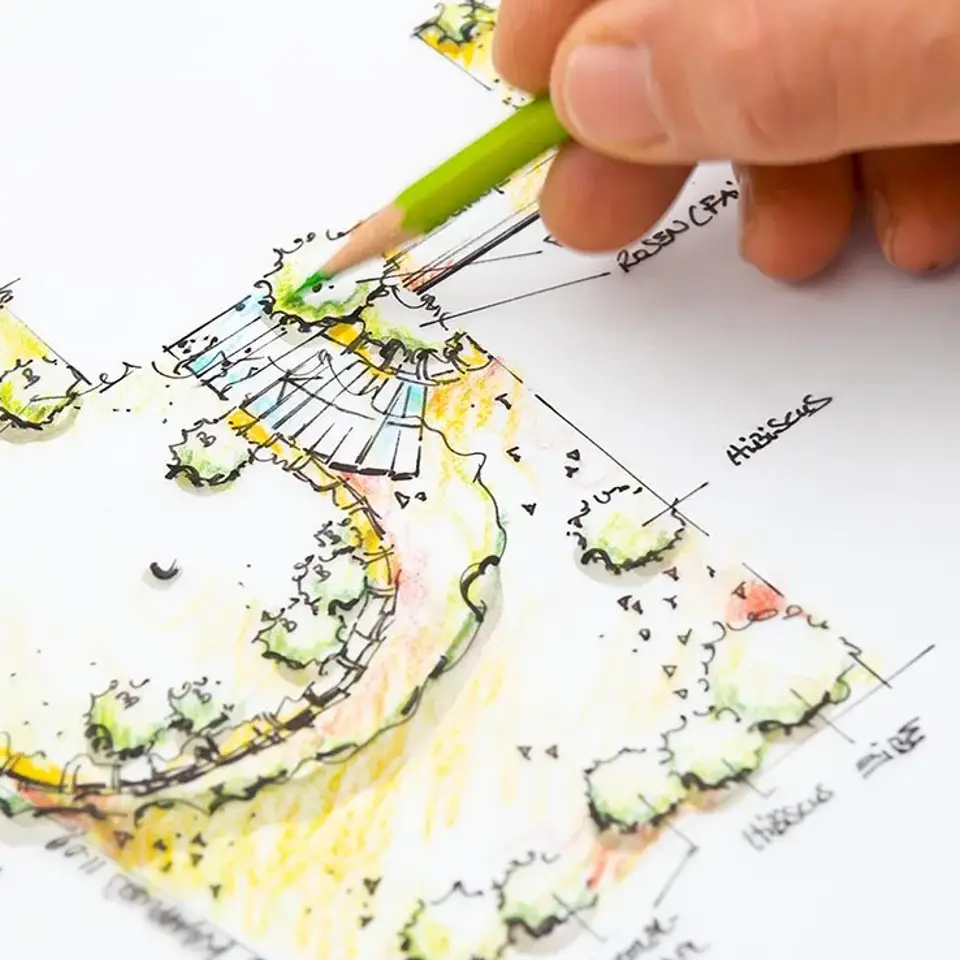 Landscape sketch showing design and build steps for an Edmonton project.
