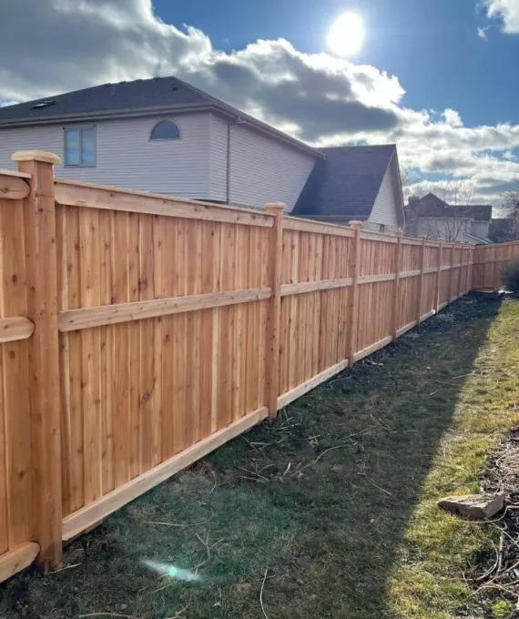 Pressure-treated wood fence installed in backyard